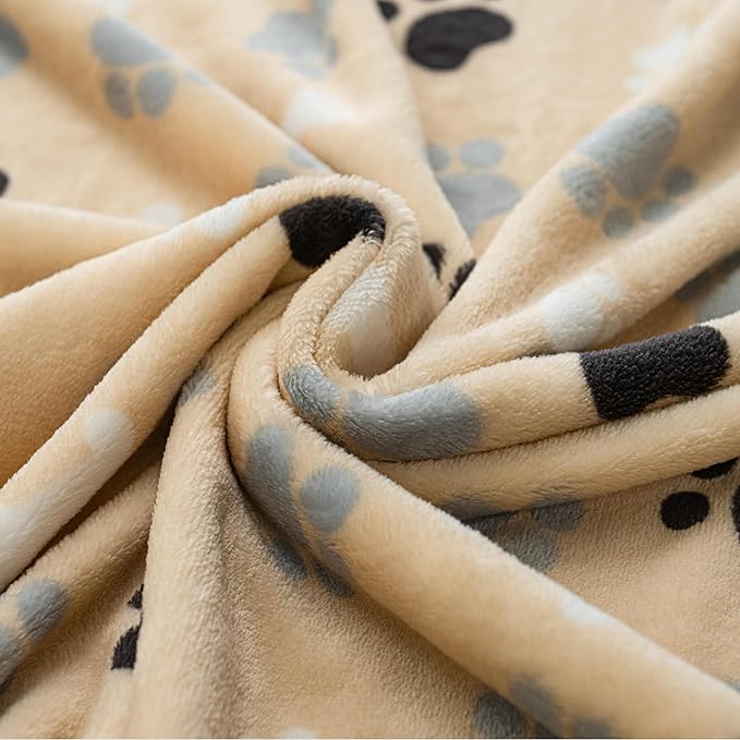 Dog Blanket Paw Bone Pattern 1 Pack 2 Super Soft Warm Flannel Sofa Cover Car Bed Protector, Urine Proof Washable Outdoor Pet Blanket for Puppy Large Dogs & Cats,40"*30" Beige