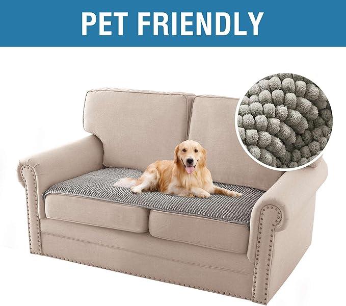 H.VERSAILTEX Plush Chenille Couch Cover for 3 Cushion Couch Anti Slip Washable Sofa Slipcovers Soft and Durable Furniture Protector for Dogs Cats Kids (27.5" x 59", Dove)