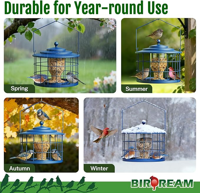 Squirrel Proof Bird Feeder, Metal Cage Bird Feeder for Outdoors Hanging, Starling Resistant Design for Small Birds, Weatherproof with Drain Holes, Easy to Refill, Blue