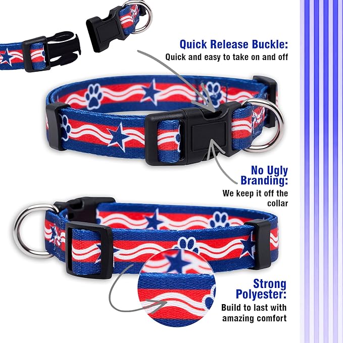 Native Pup American Flag Dog Collar- Red White and Blue- Patriotic Collars for 4th of July, USA- Adjustable Small, Medium, Large Breed Dogs (Large, Paws)