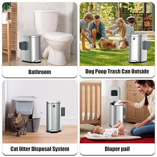 Dog Poop Trash Can Outside with Odor Control Lid & Step Pedal, 3.2Gal Stainless Steel Outdoor Trash Can, Waterproof Dog Waste Container Station - Includes Carbon Filters & Paw Stickers