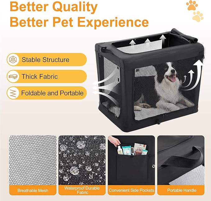 Dog Travel Crate 30 Inch, Portable Soft-Sided Travel Carriers for Dogs and Cats, Foldable Pet Kennel with 3-Doors Mesh Windows Indoor & Outdoor, Black