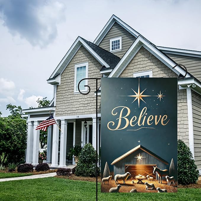 Christmas Nativity Garden Flag 12x18 Double Sided Believe Starry Night Stable Yard Flag Gold Text Blue Background Winter Outdoor Garden Decor Lawn Porch Patio Holiday Banner