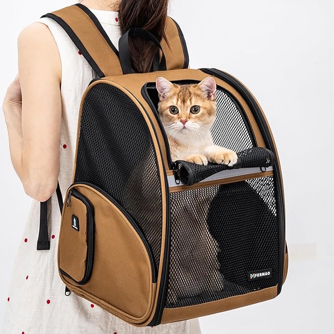 Cat Backpack Carrier for Small Dogs and Medium cat Puppy Kitten Bunny Pet Carrier Backpack Collapsible with Fully Ventilated Mesh with Safety Leash (Brown, 12.9" L x 10.62" W x 15.5" H - M)