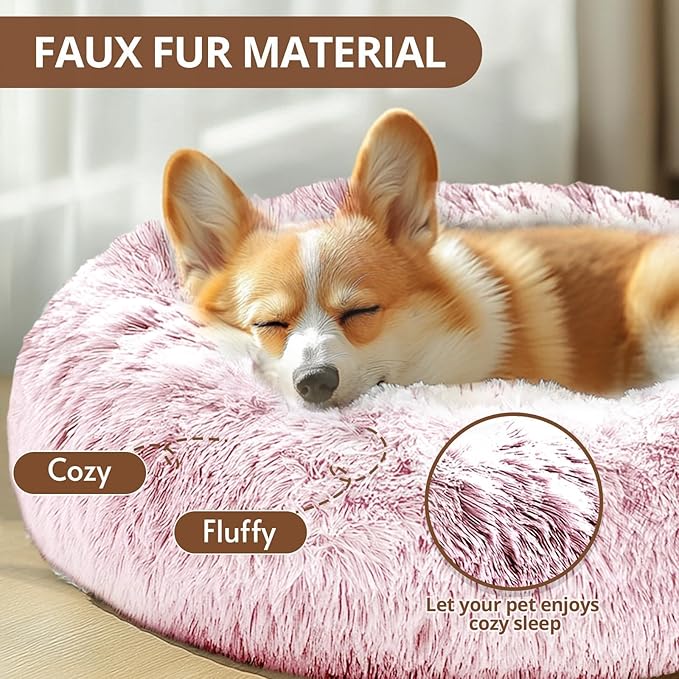 JOLLYVOGUE Calming Small Dog & Cat Bed for Indoor Cats - 20 inches Washable Donut Bed for Kittens & Puppies, Anti-Anxiety Round Fluffy Plush Pet Beds (Fits up to 15 lbs, Smoke Pink)