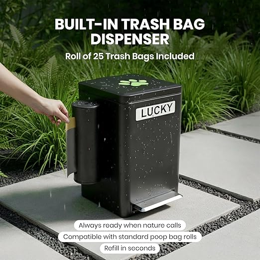 Dog Poop Trash Can Outside, 6L Metal Outdoor Dog Waste Bin with Lid & Soft Close Pedal, Pet Waste Container with Charcoal Filter, Removable Inner Bucket, Bag Holder, Stickers & Custom Name Plate