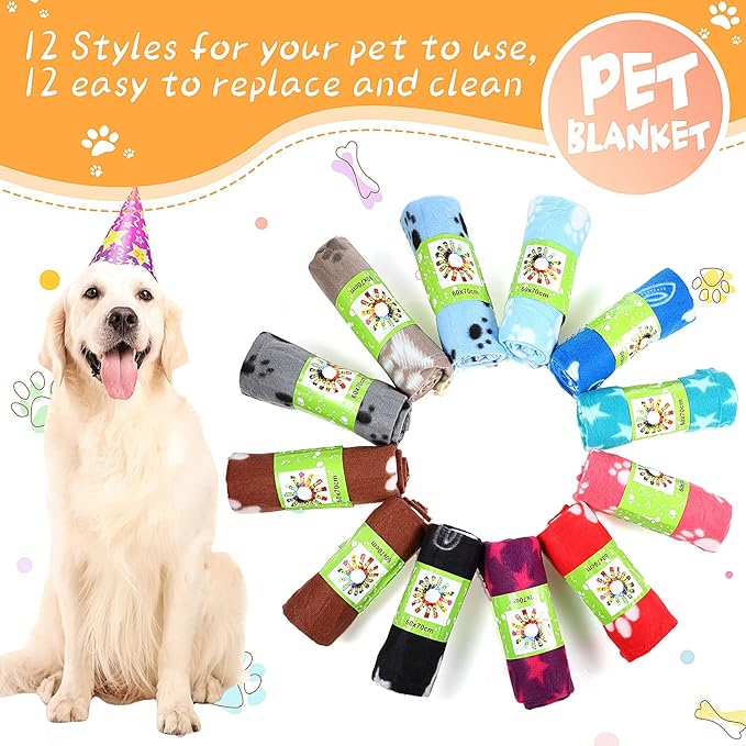 Tatuo 12 Pieces Black Dog Blankets for Small Dogs Puppy Fleece Blanket Bulk Warm Felt Throw Spring Cute Paw Print Puppy Kitten Sleep Mat Pad Soft(Multiple Style)
