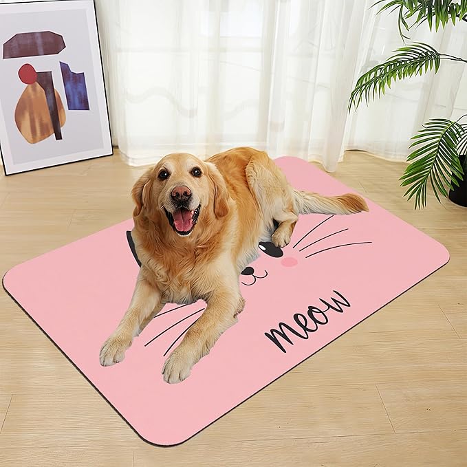 Pink Cat Meow Dog Food Mat–Christmas Stocking Absorbent Quick Dry Feeding Placemat for Food and Water Bowls, Non Slip Rubber Backing, Waterproof Pet Supplies for Mess-Free Eating 16"x24"