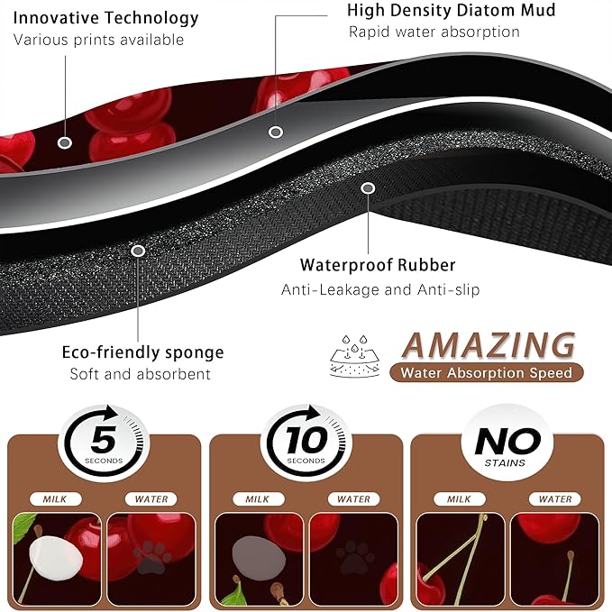 Red Cherry Pet Feeding Mat,Absorbent Quick-Dry Cat Dog Food and Water Bowl Mats,Non-Slip Rubber Backing Mat,Cat Dog Accessories Supplies 16"x24"