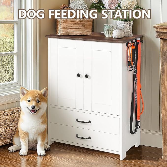 Dog Feeding Station with Storage Cabinet, 2 Adjustable Elevated Dog Bowls, Hidden Pull-Out Pet Feeder, Pet Food & Toy Organizer for Dogs & Cats