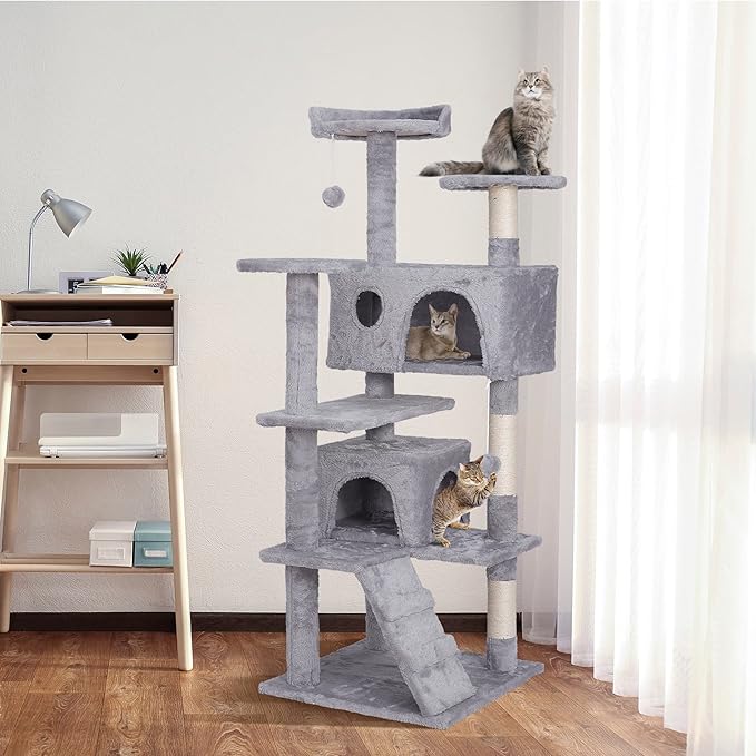 Multi-Level Cat Tree Tower with Condos, 54" Tall Cat Activity Center with Plush Perches and Toys, Space Saving Pet Playhouse for Kittens and Cats (Light Grey)