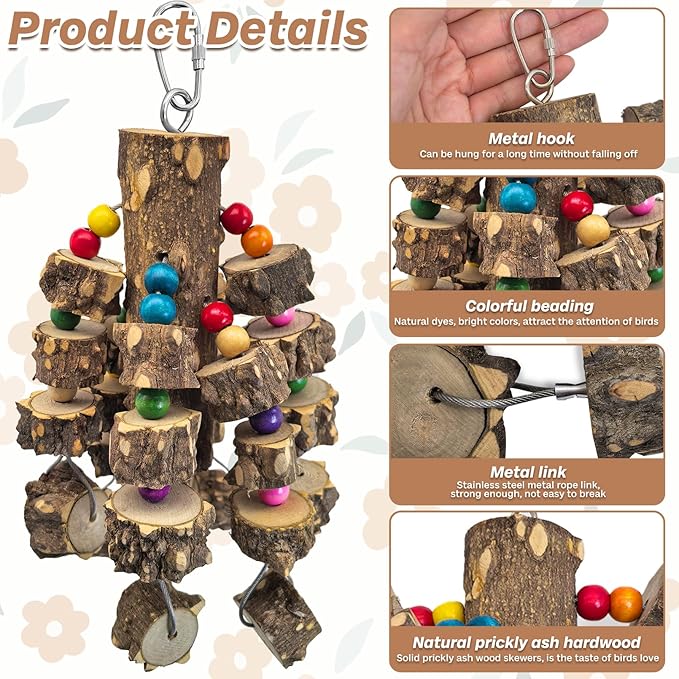 PINVNBY Wood Parrot Toys for Large Birds, Wire Link Durable Macaw Toys Extra Large Natural Wooden Blocks Chew Toy for African Grey Macaws Cockatiels Eclectus