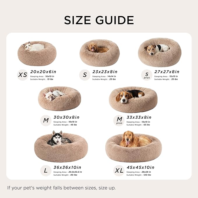 Bedsure Calming Dog Bed for Large Dogs - Donut Washable Large Pet Bed, Anti-Slip Round Fluffy Plush Faux Fur Dog Bed, Fits up to 80 lbs Pets, Ivory Beige, 36 inches