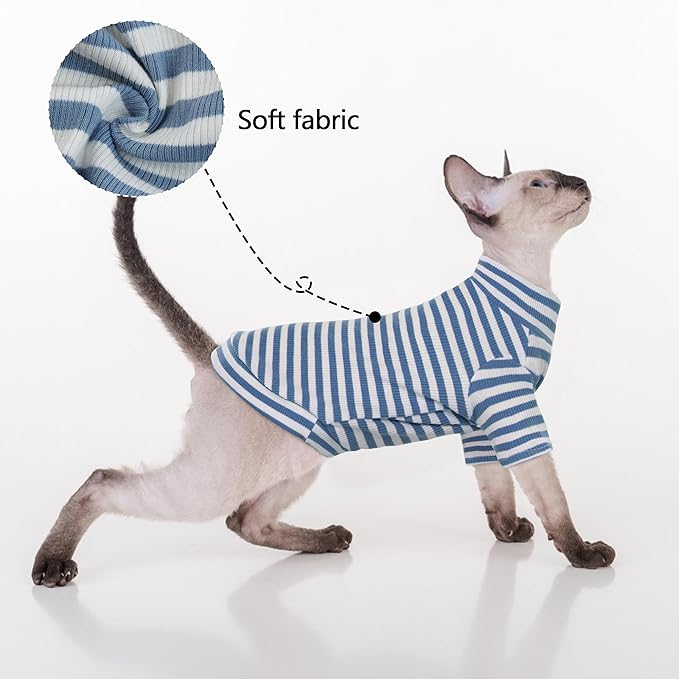 PUMYPOREITY Sphynx Cat Clothes - Soft Hairless Shirt With Sleeves, Stretchy Sweater, Pullover Pajamas Jumpsuit, Turtleneck Outfit for Sphynx Cornish Rex, Devon Rex - Blue, S