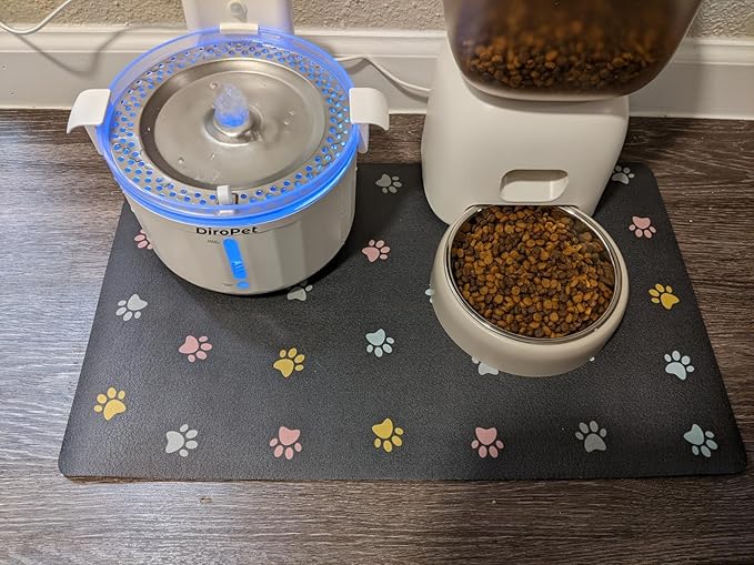 Cat Food Mat Absorbent Dog Mat for Food and Water Non Slip Quick Dry Dog Bowl Mats for Floors 19" X 12" Paw Dark Gray