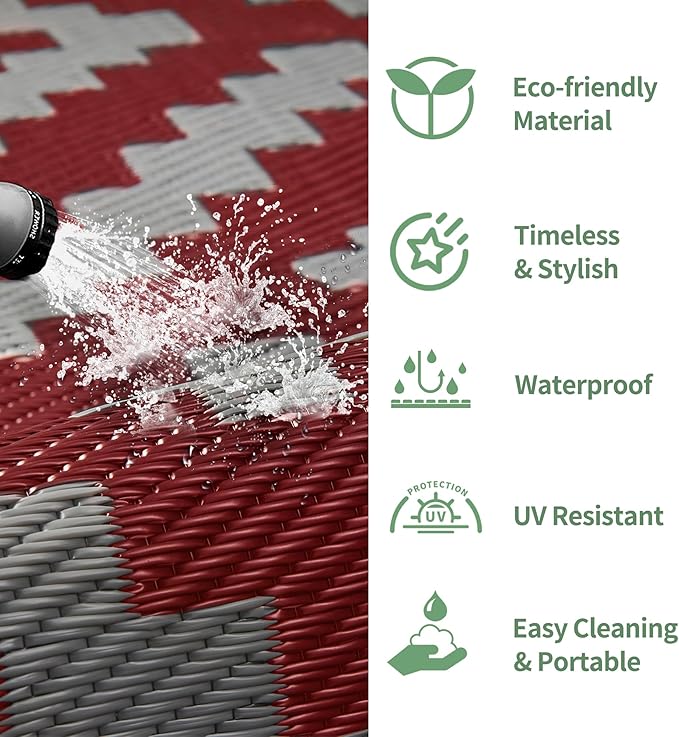 GENIMO Outdoor Rug for Patio Clearance, 8'x10' Reversible Plastic Straw Rugs, Lightweight Waterproof RV Camping Mat for Camper, Balcony, Deck, Backyard, Picnic, Red Grey