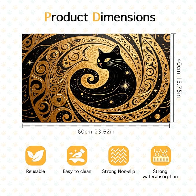 Cat Feeding Mat 24x16 inch Gold Black Artistic Cat Print Pet Bowl Placemat Non Slip Floor Mat for Food and Water Indoor Kitty Feeding Station Elegant Meal Pad for Small Pets Kitchen Use