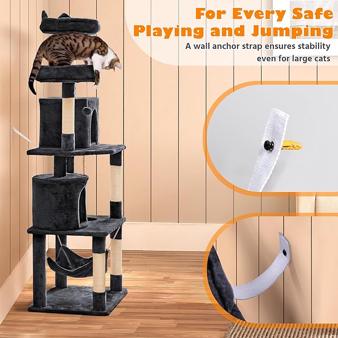 Yaheetech Cat Tree, 70.5in Climbing Tower for Indoor Cats, Multi-Level Kitten Condo with Scratching Post, Pet Activity Center w/Plush Perches & Hammock & Dangling Ball, Black