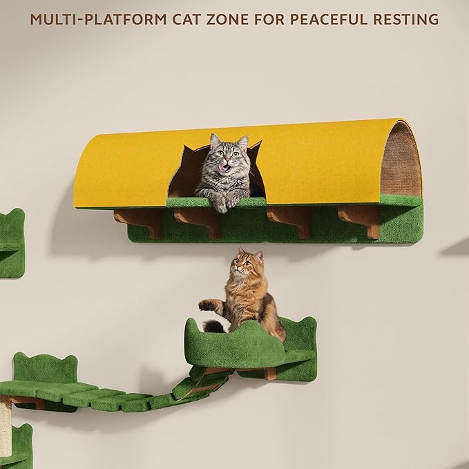 20-in-1 Cat Wall Shelves, Wall Mounted Cat Furniture w/Plush Fabric, Cat Climbing Wall System, 63''H Cat Tower w/Scratching Posts, Cats Shelf with 40''L Tunnel, Condos, House, Step and Ladder