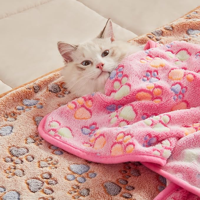 Luciphia 1 Pack 3 Blankets Super Soft Fluffy Premium Fleece Pet Blanket Flannel Throw for Dog Puppy Cat Paw Brown/Pink/White Small(23x16 inch)