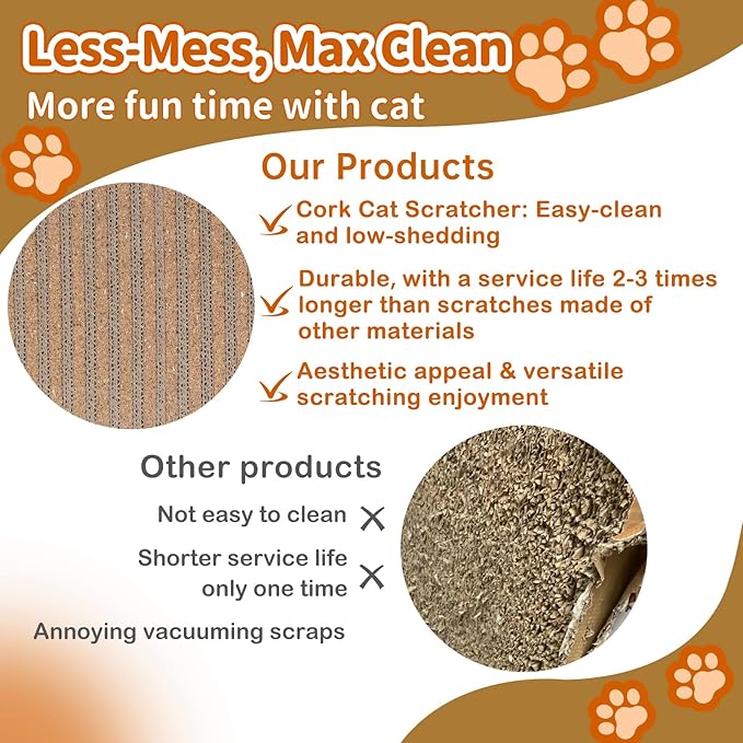 Natural Cork cat Scratch pad for Cats-cat Scratching Posts-cat scratchers for Indoor Cats-cat Scratcher Furniture for Wall & Floor - Natural Cork & Cardboard Blend, No Mess Splinters Easy Clean-2-Pack