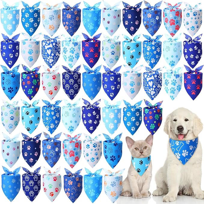 50 Pcs Blue Paw Print Dog Bandanas Bulk Animal Footprint Bandanas for Dogs Triangle Kerchief Bib Scarf Set for Pet Winter Costume Photo Props Daily Accessories Pet Shops (19.7 x 13.8 x 13.8)