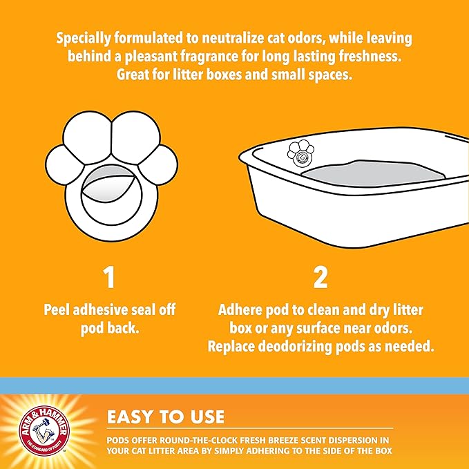 Arm & Hammer Pets Cat Litter Box Deodorizer Pods, Adhesive Odor Absorbing Gel Pods with Fresh Breeze Scent for Litter Pan Area, Easy Stick On Cat Box Freshener, 2 Pcs/Pack