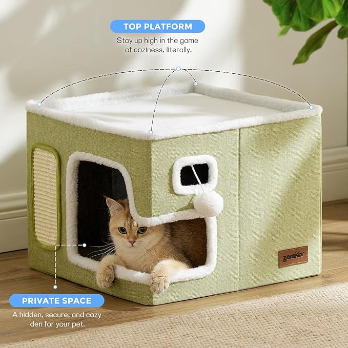 Heated Cat House for Indoor Cats - Cat Warming Bed for Winter with Fluffy Ball Hanging and Adjustable Heating Pad, Foldable Cat Hideaway,16.5x16.5x13 inches, Grey