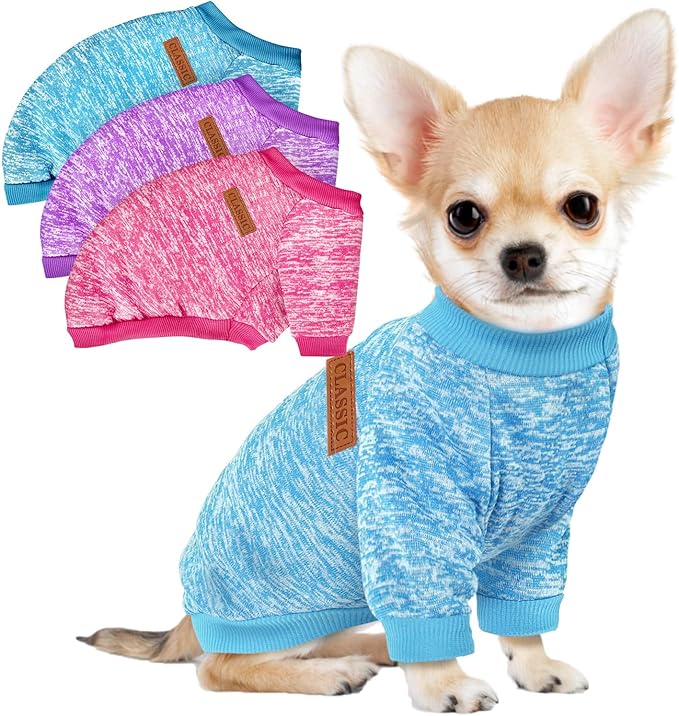 3 Pack Dog Sweaters for Small Dogs Girl Boy Winter Fleece Clothes Warm Soft Dog Sweatshirt Outfit for Dogs Cats Pet Apparel (Rose+Light Blue+Purple, X-Small)