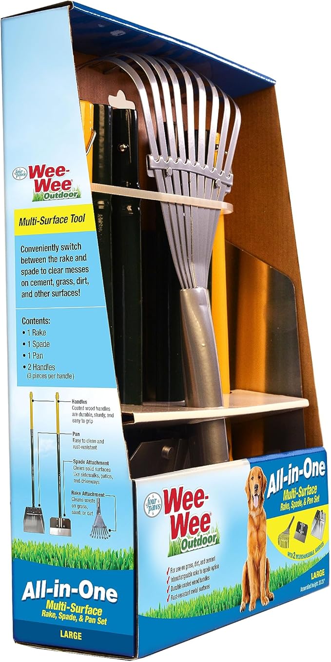 Four Paws Stainless Steel Long-Handled Dog Pooper Scooper Rake, Spade, & Pan 3 Piece Set, Pet Waste Pickup Tool, 38" x 10"