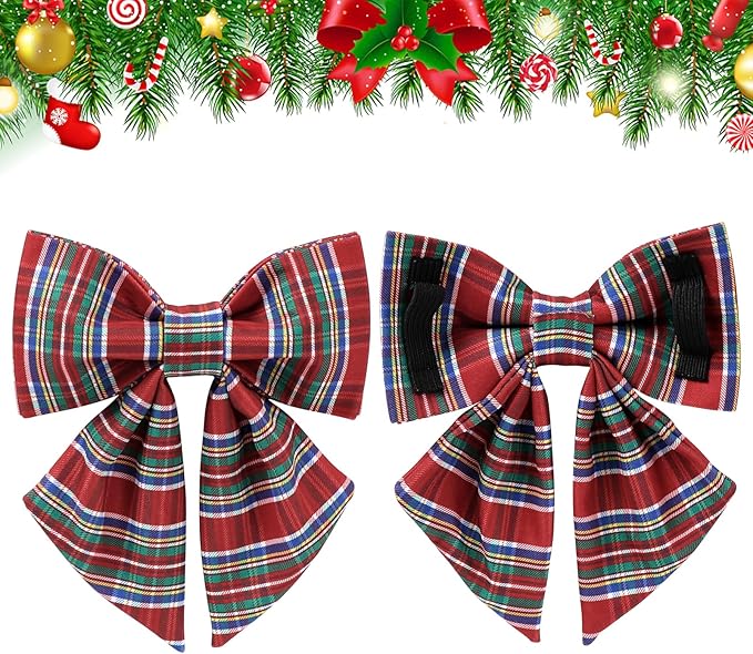 Christmas Plaid Dog Collar with Bow, Red and Blue Check Adjustable Pet Collar with Quick Release, Christmas Stripes Bowtie Collar for Small Medium Large Dogs M