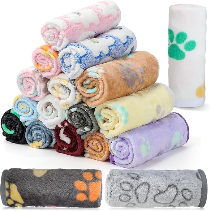 Chumia 18 Pcs Fleece Pet Blanket Soft Warm Sleep Mat Fluffy Cute Puppy Supplies Paw Bone Star Elephant Dot Heart Print Design Bed Blankets for Dog Cat Kitten Animals(23 x 16 Inch,Cute)