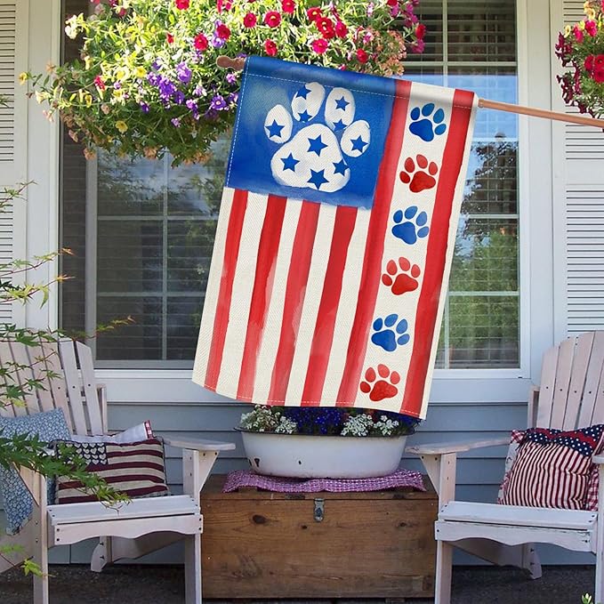 Dyrenson 4th of July Dog Cat Paw Prints 28 x 40 House Flag Double Sided, Patriotic America Watercolor Garden Yard Decoration Pet Lover Gift, American USA Burlap Outdoor Decor Decorative Large Flag