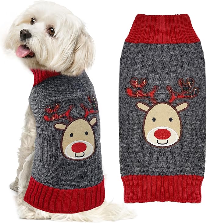 Dog Christmas Sweater Xmas Pet Clothes Cute Gray Reindeer Holiday Puppy Cat Costume New Year Gifts for Small Medium Large Dogs Jumpers (XS, Gray Reindeer)