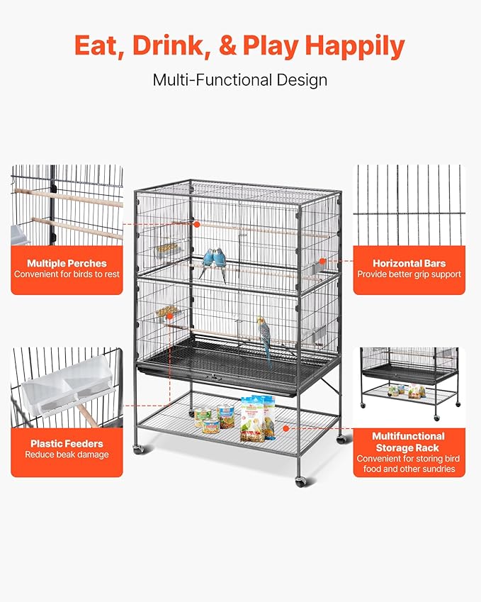 VEVOR Bird Cage, 36.6 x 22.8 x 59.5 inch, Flat Top, Wrought Iron Bird Flight Cage with Perches, Slide-Out Tray and Plastic Feeders, for Blue Tit, Cockatiel, Canary, Monk Parakeet, African Grey Parrot