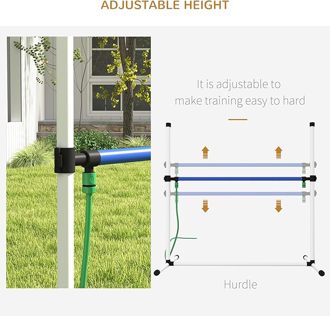 PawHut 4 Piece Dog Agility Training Equipment Set with Spray Water Tube, Dog Agility Set with Adjustable Height Hurdles, Whistle, Carry Bag, White