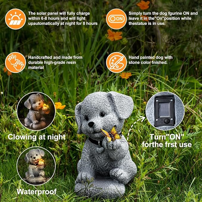 Solar Dog Garden Statue with Lantern Light – 8.2in Outdoor Dog Figurine for Women, Mom, Grandma,Garden Gifts，Home Decoration with Butterfly