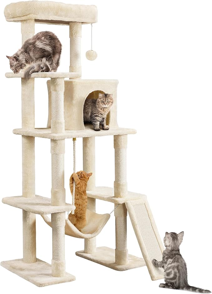 Yaheetech 54in Sturdy Cat Tree for Large Cats, Multi-Level Kitten Condo with Scratching Posts, Hammock & Top Perch, Indoor Pet Furniture for Kitties to Play, Climb, Scratch & Sleep, Beige