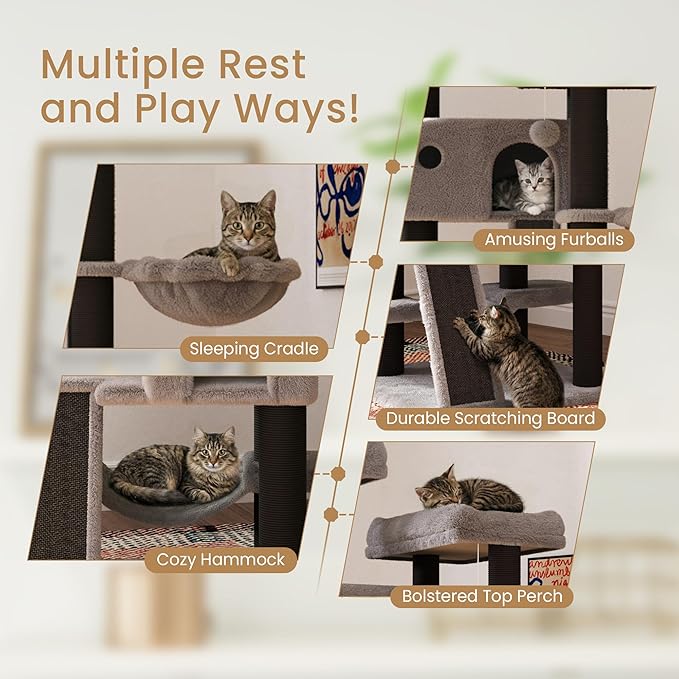 SHA CERLIN 65in Larger Cat Tree Tower Condo for Indoor Kitties/Multi-Level Furniture Activity Center with Wide Base/Cozy Plush Perches/Baskets/Sisal Scratching Posts and Hammock/Black & Grey