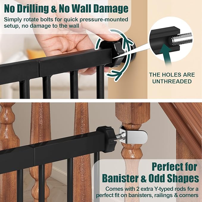 keny 51" Extra Tall Pet Gate, 29.7"-46" Wide Adjustable Cat Gate for Doorway, Hallway, Stairs, Auto-Close & Pressure Mounted, No Drilling, Black