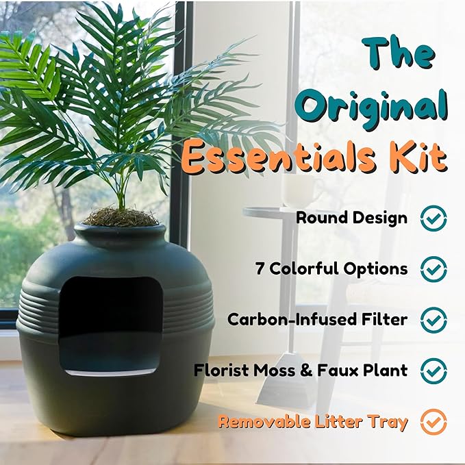 Good Pet Stuff Hidden Litter Box Planter, Decorative Cat Litter Enclosure with Carbon Filter, Artificial Plant, Easy Clean, Indoor Design, Original Round Style, Essentials Kit, Black Suede