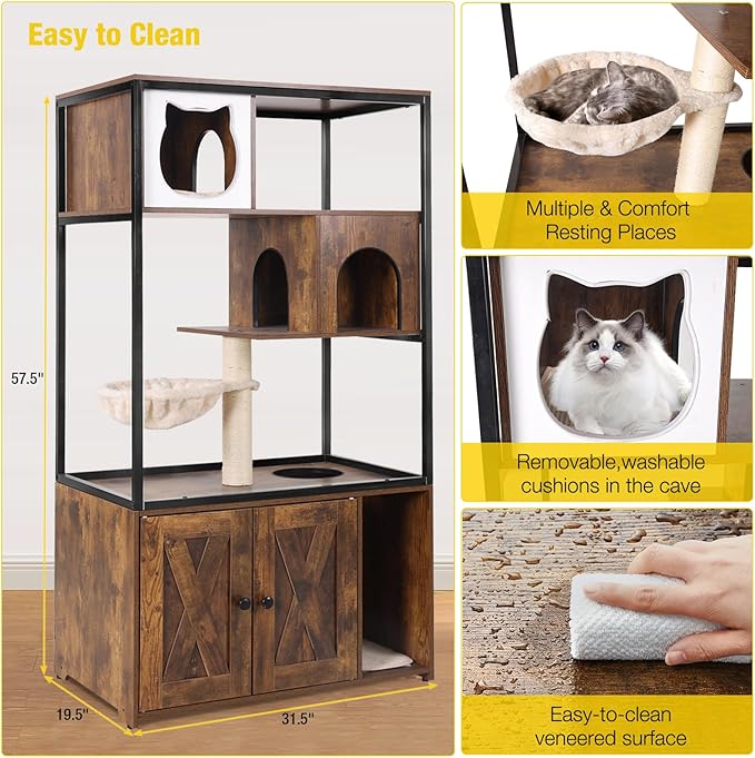 Aivituvin Cat Litter Box Enclosure, Litter Box Furniture Hidden, Wooden Cat Washroom Furniture, Indoor Cats House with Condo, Hammock, Scratching Mat and Storage Shelves