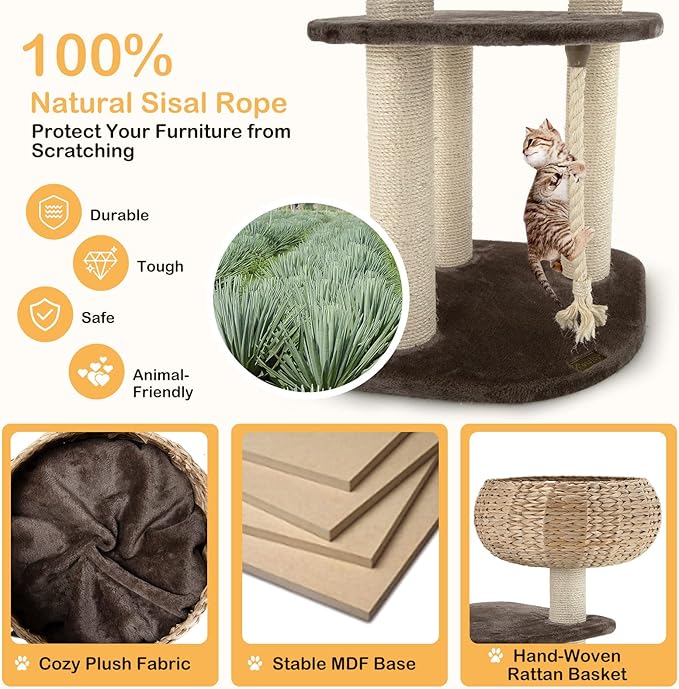 PETSITE 41 Inch Modern Cat Tree for Indoor Cats, Multi-Level Cat Tower with Scratching Posts, Hand-Made Wicker Cat Condo & Top Perch, Dangling Ball, Sisal Rope, Cute Cat Tree for Indoor Cats