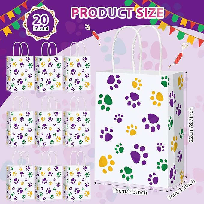 Blulu 20 Pcs Puppy Dog Paw Gift Bags with Paper Twist Handles, Dog Gift Paper Paw Treat Goodie Bags for Pet Treat Party Favor, 6.3 x 3.1 x 8.6 Inch