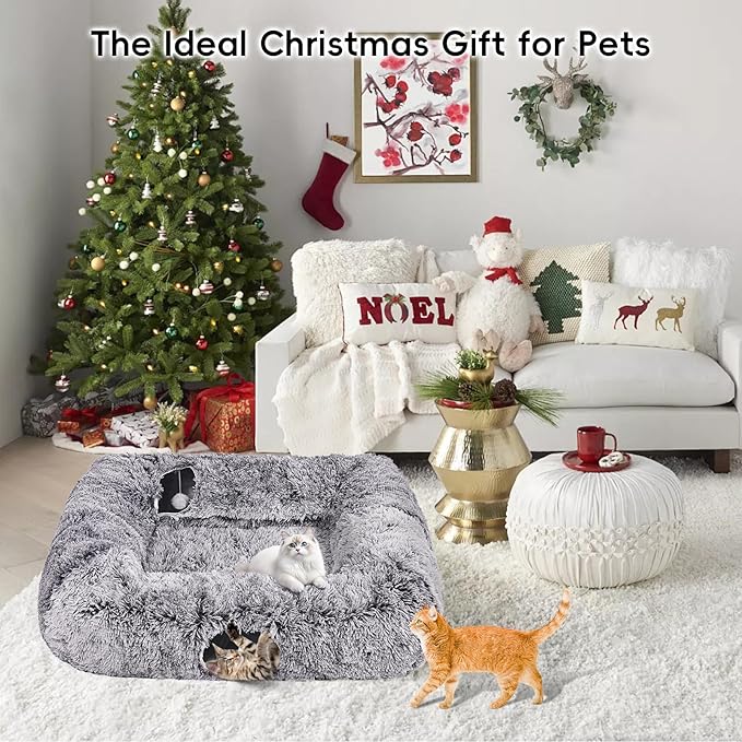 Extra Large Cat Tunnel Bed, 4 Ways Tunnels for Indoor Cats, Multi-cat Family Pet Bed & Cave, Plush Cat Donut with Washable Middle Mat, Exit Balls, Pet Play Toy for Kitten Puppy Rabbit, Dark Grey
