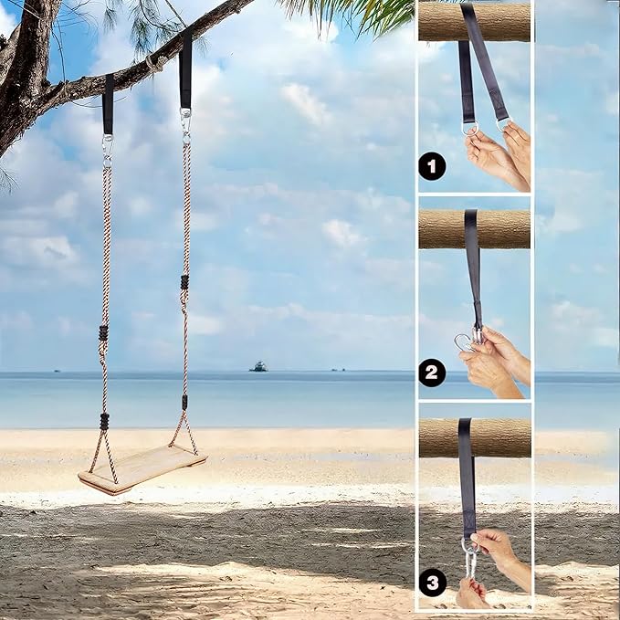 Wooden Swing Seat, Nostalgic Outdoor Wood Swing for Kids , Tree Straps Set Accessories for Backyard Patio Garden Playground, Height Adjustable (Raw wood)