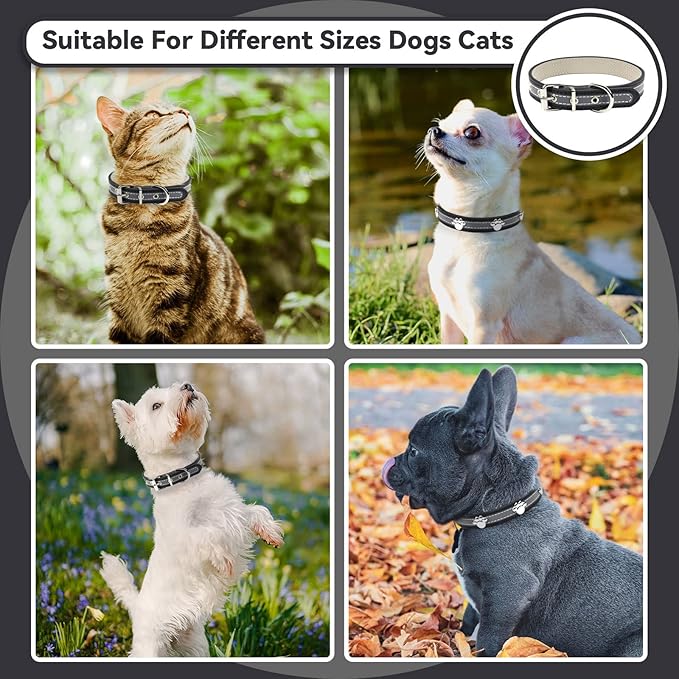 PETCARE Reflective Dog Collar with Cute Paw Rivet Studded Funny Soft PU Leather Adjustable Puppy Dog Collars for Small Medium Large Dogs Cats (Black,Medium)