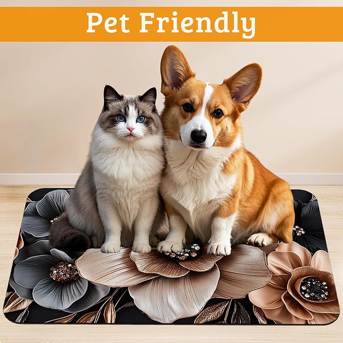 Black Brown Flower Feeding Mat,Artistic Absorbent Quick-Dry Cat Dog Food and Water Bowl Mats,Non-Slip Rubber Backing Mat,Cat Dog Accessories Supplies 12" x 20"