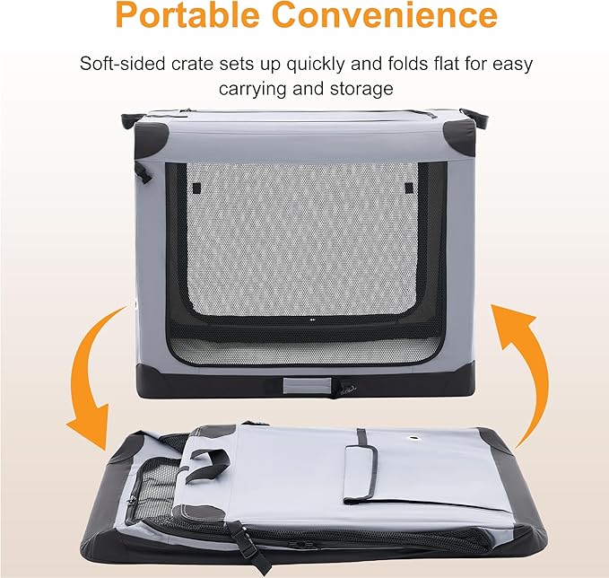 Dog Travel Crate 42 Inch, Portable Soft-Sided Travel Carriers for Dogs and Cats, Foldable Pet Kennel with 3-Doors Mesh Windows Indoor & Outdoor, Grey