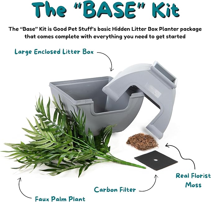 Good Pet Stuff Hidden Litter Box Planter, Decorative Cat Litter Enclosure with Carbon Filter, Artificial Plant, Easy Clean, Indoor Design, Courtyard Square Style, Base Kit, Stone Gray